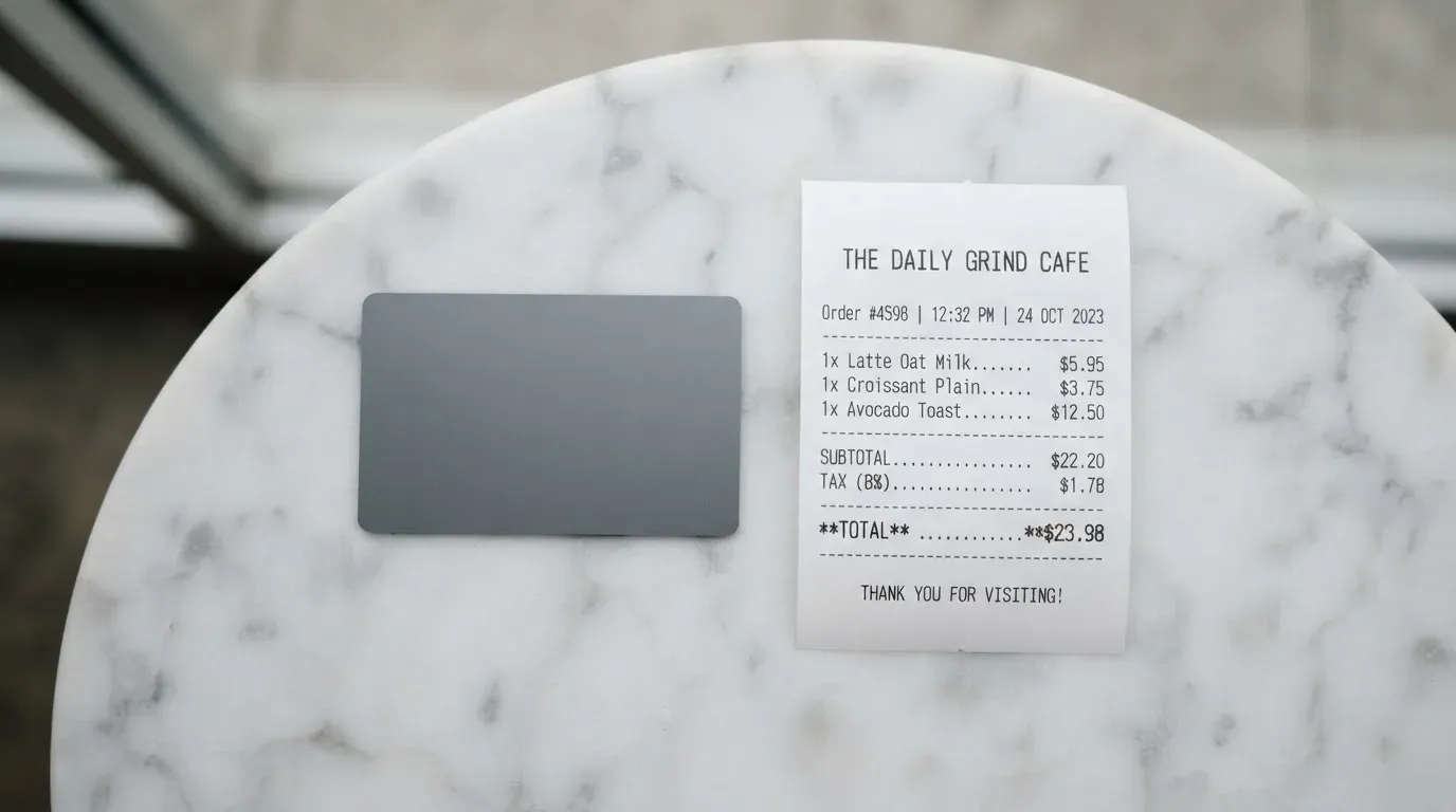A receipt and a card on a café table