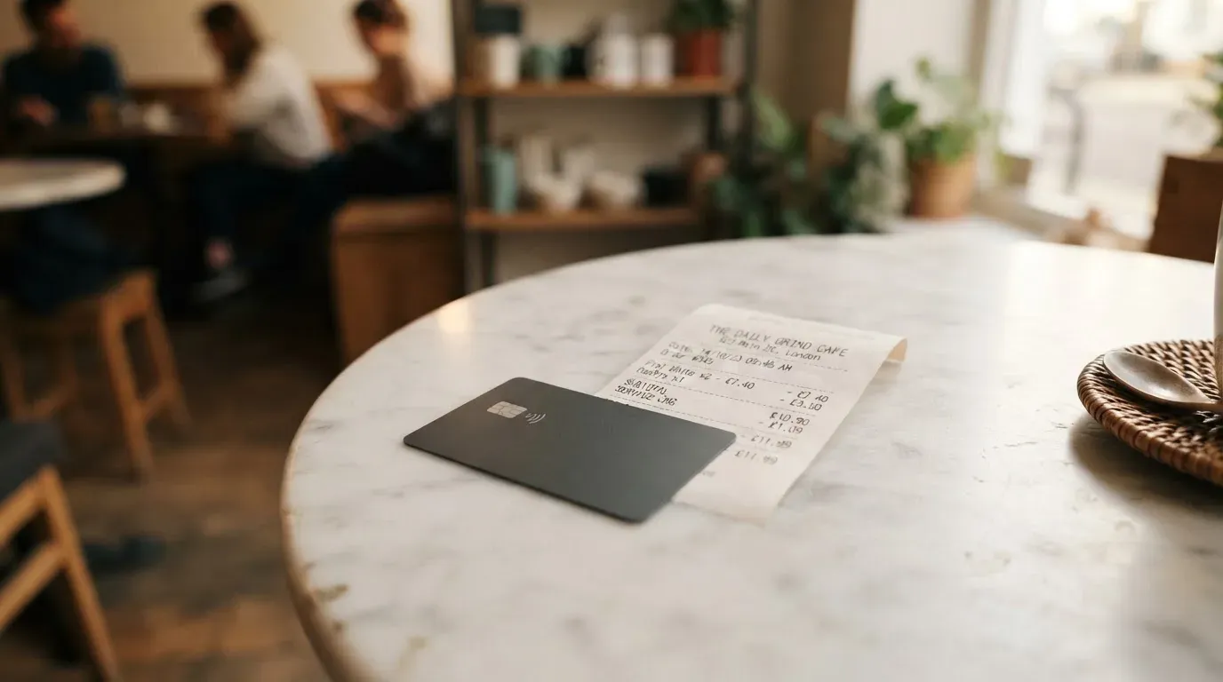 A receipt and a card on a café table