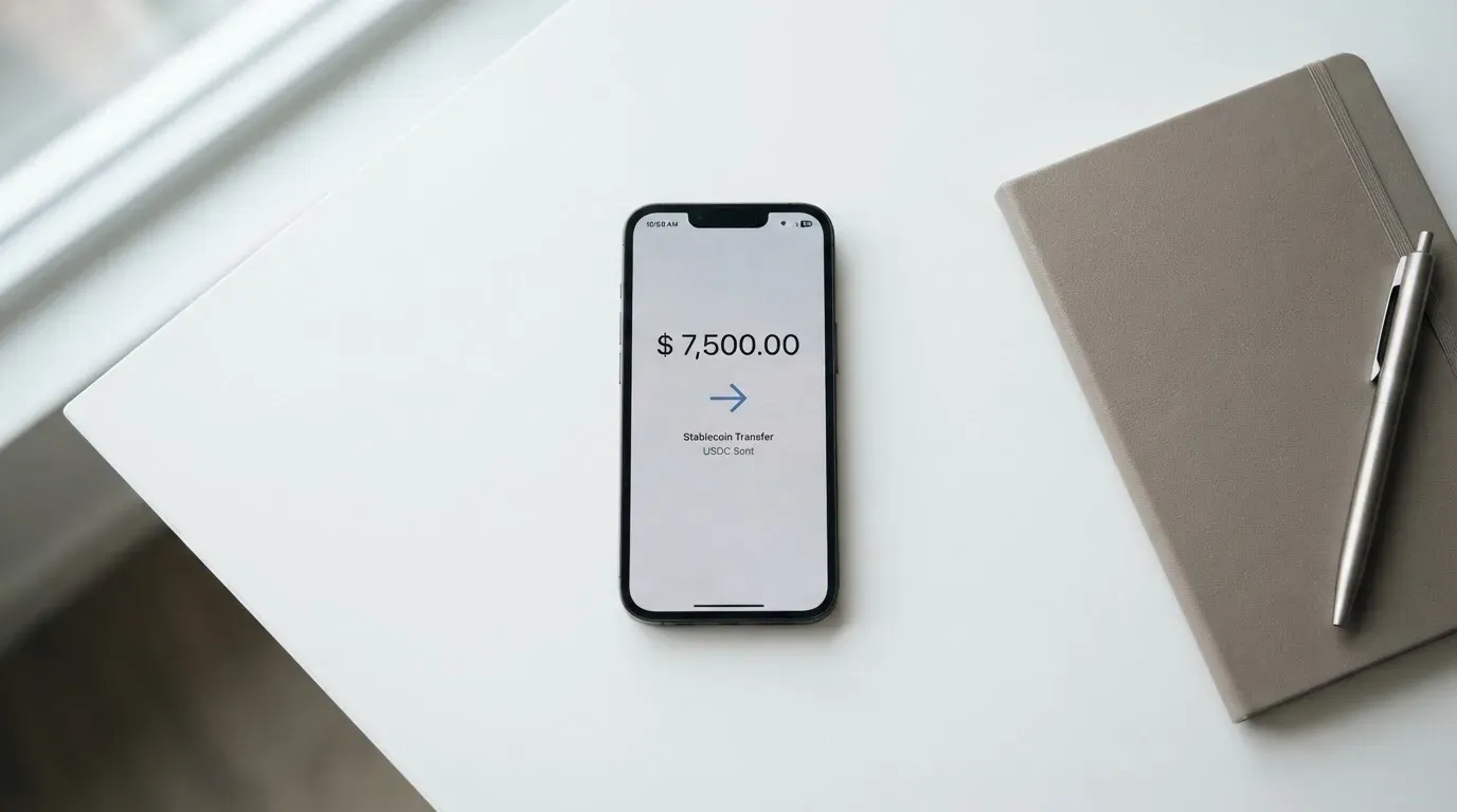 A phone showing a stablecoin transfer screen