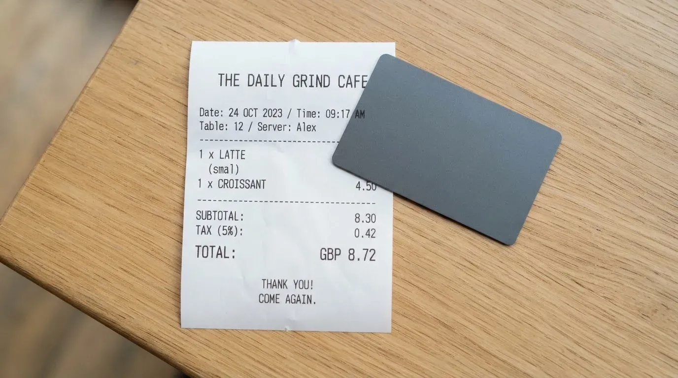 A receipt and a card on a café table