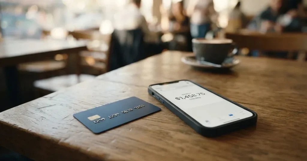 A payment card next to a phone with a crypto wallet app open
