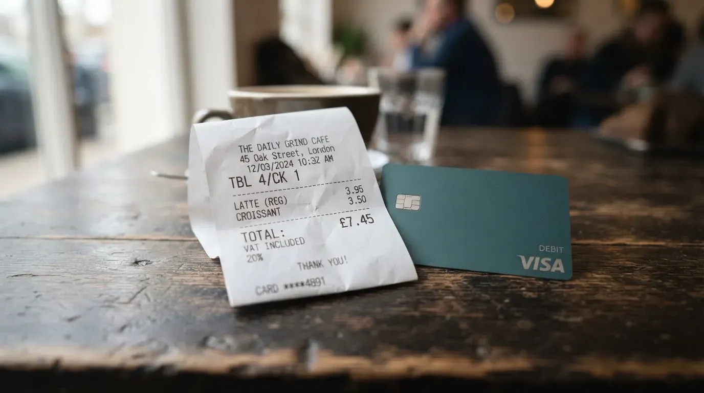 A receipt and a card on a café table