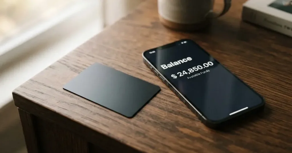 A payment card next to a phone with a crypto wallet app open