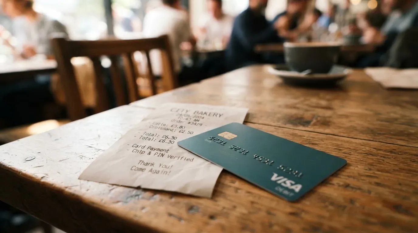 A receipt and a card on a café table