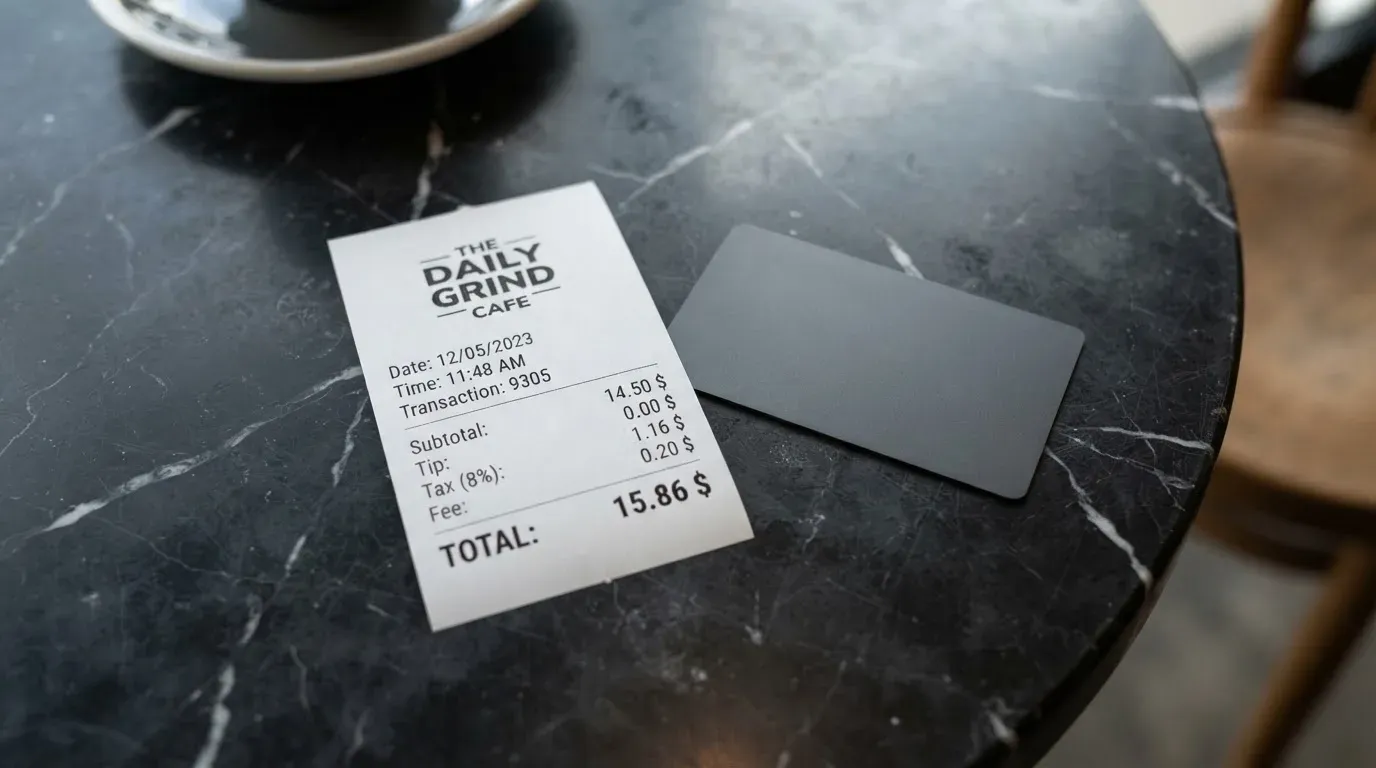 A receipt and a card on a café table