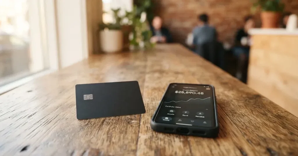 A payment card next to a phone with a crypto wallet app open