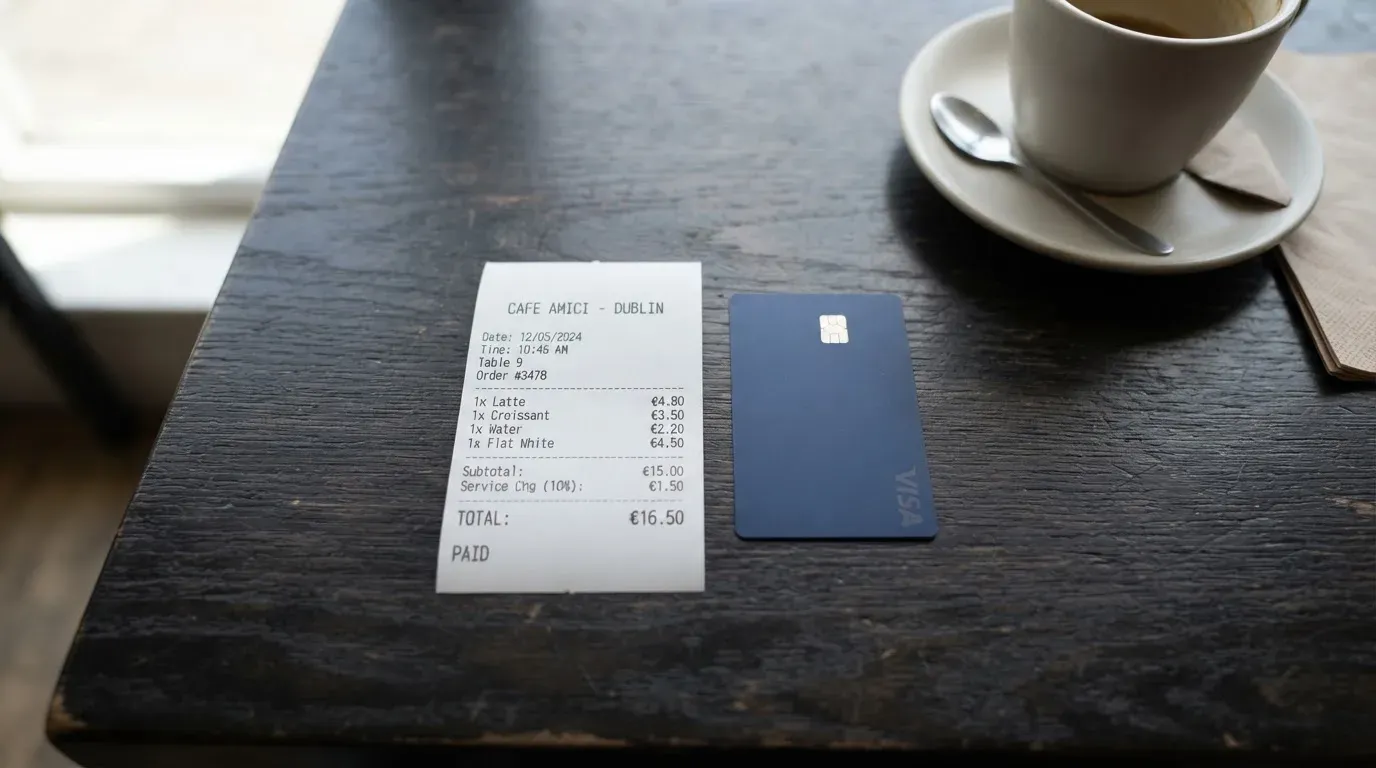 A receipt and a card on a café table
