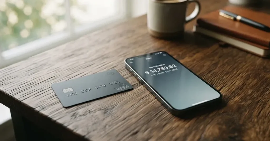 A payment card next to a phone with a crypto wallet app open