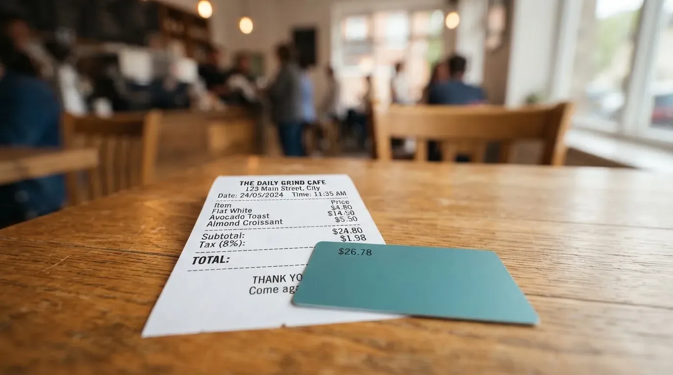 A receipt and a card on a café table