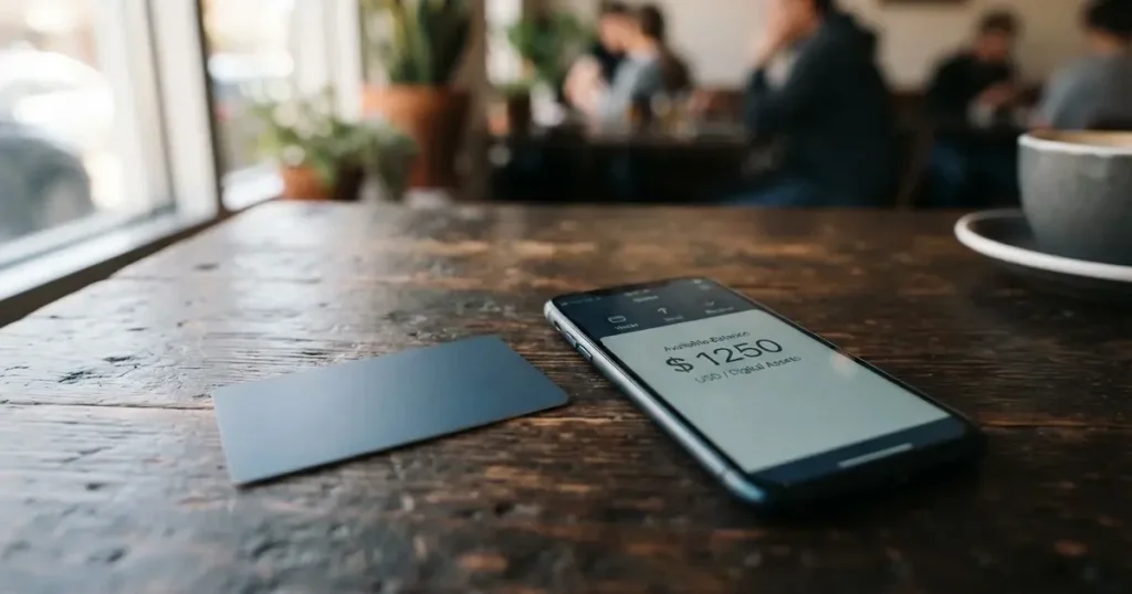 A payment card next to a phone with a crypto wallet app open