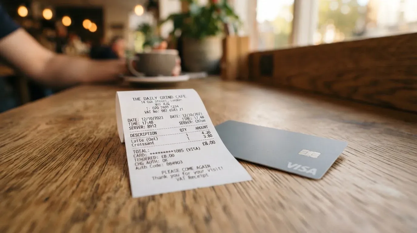 A receipt and a card on a café table