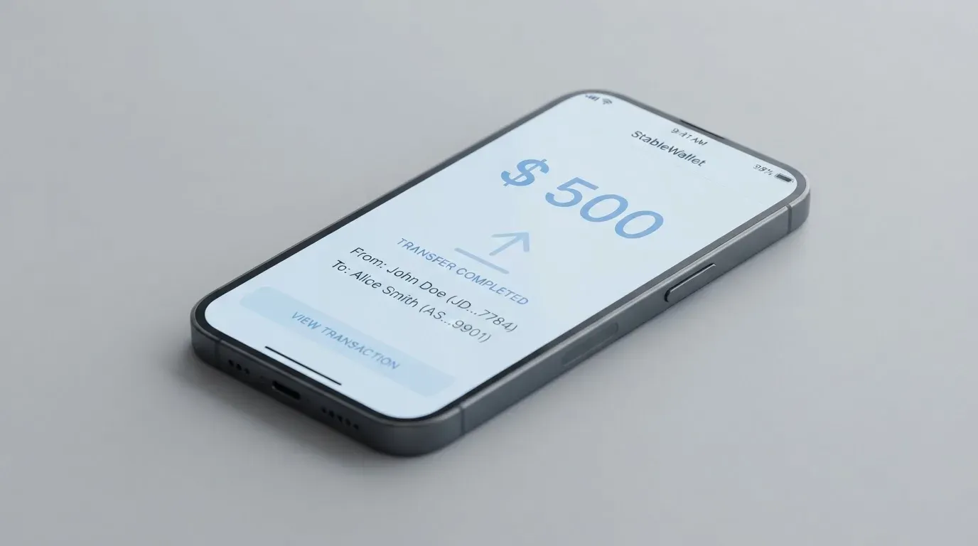 A phone showing a stablecoin transfer screen