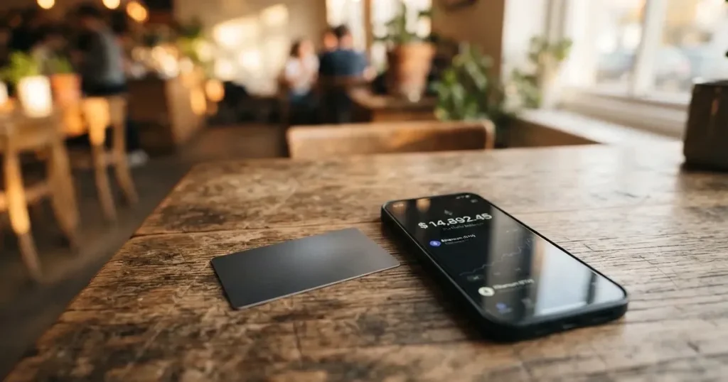 A payment card next to a phone with a crypto wallet app open