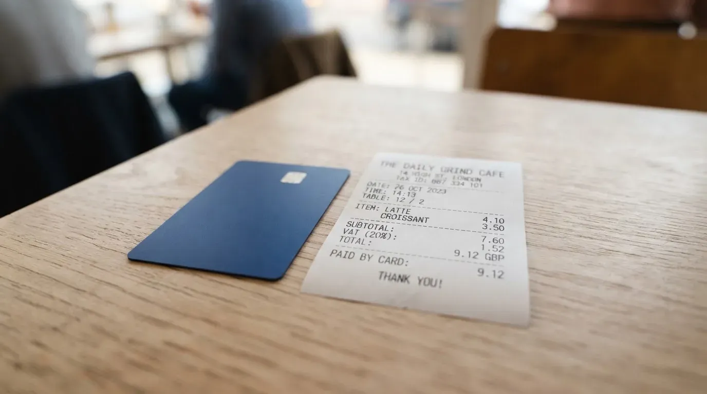 A receipt and a card on a café table