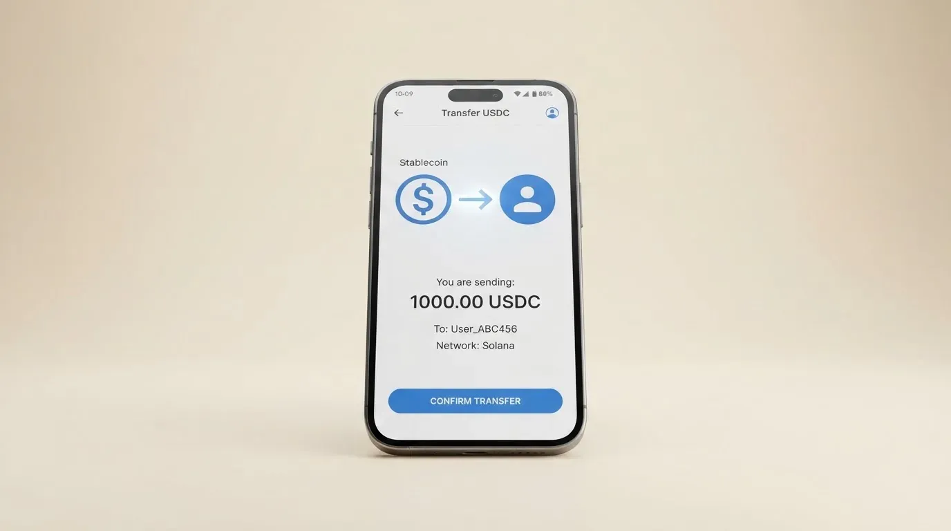 A phone showing a stablecoin transfer screen