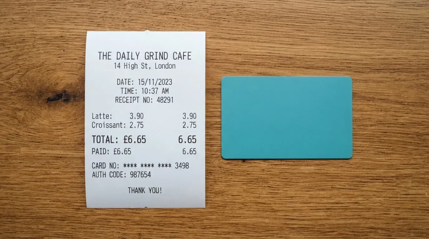 A receipt and a card on a café table