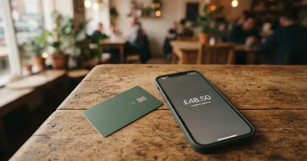 A payment card next to a phone with a crypto wallet app open