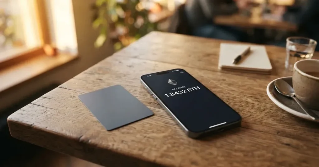 A payment card next to a phone with a crypto wallet app open