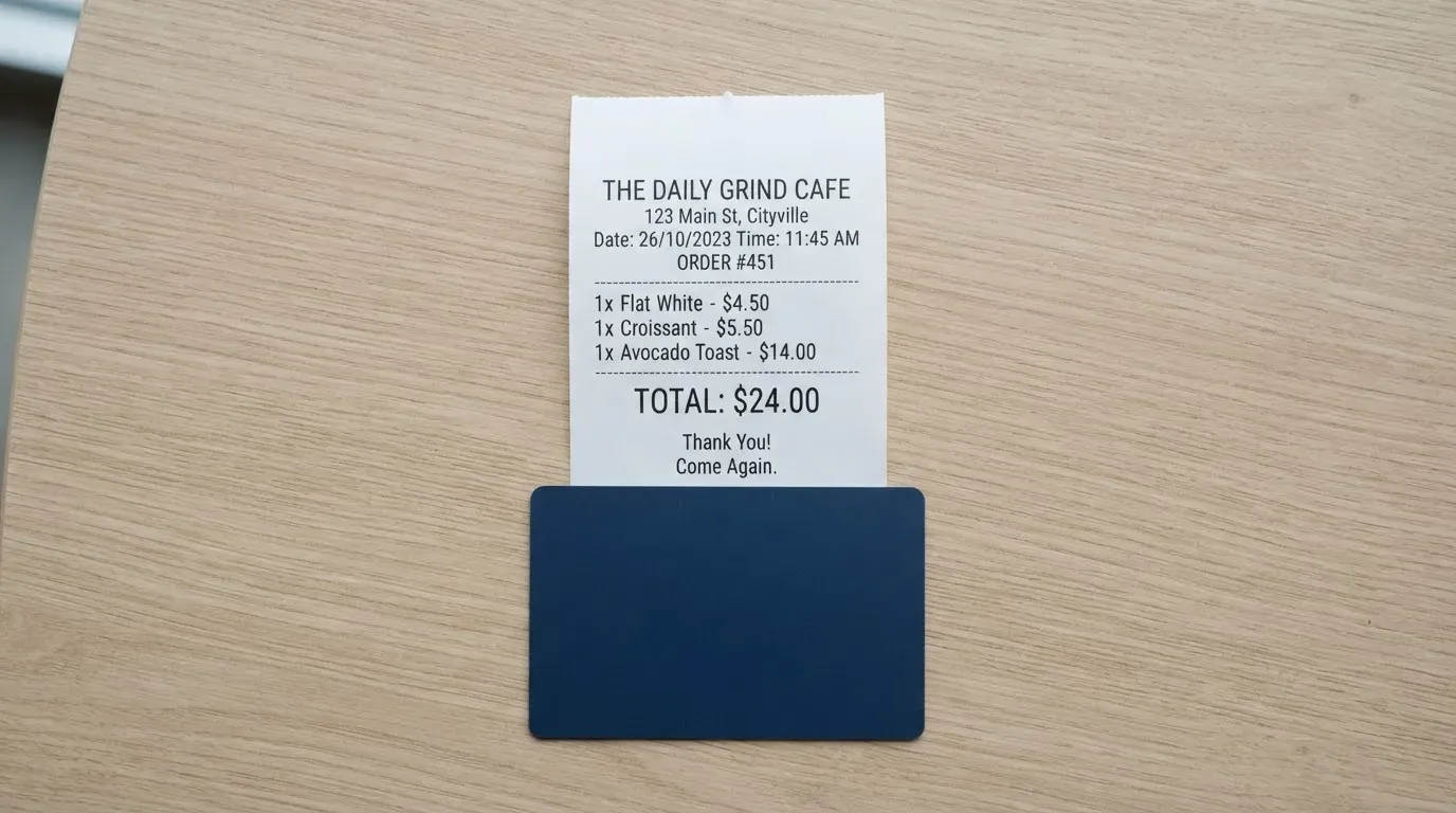 A receipt and a card on a café table