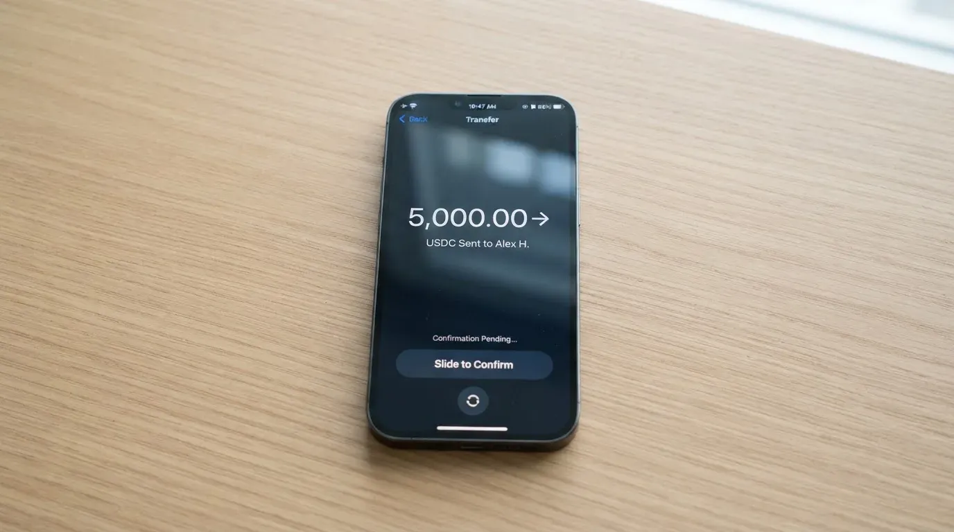 A phone showing a stablecoin transfer screen