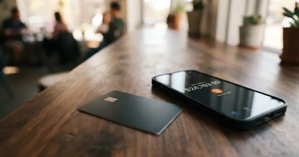A payment card next to a phone with a crypto wallet app open