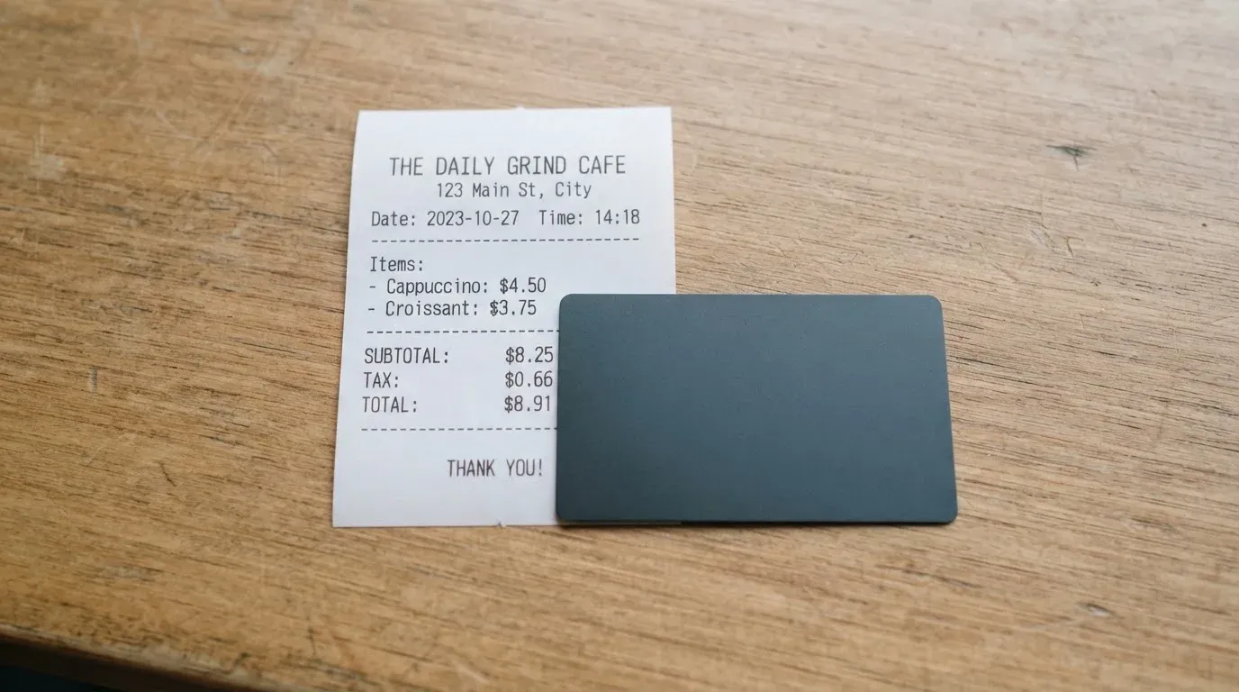 A receipt and a card on a café table