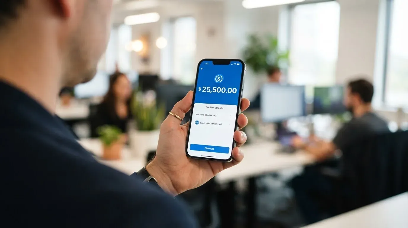 A phone showing a stablecoin transfer screen