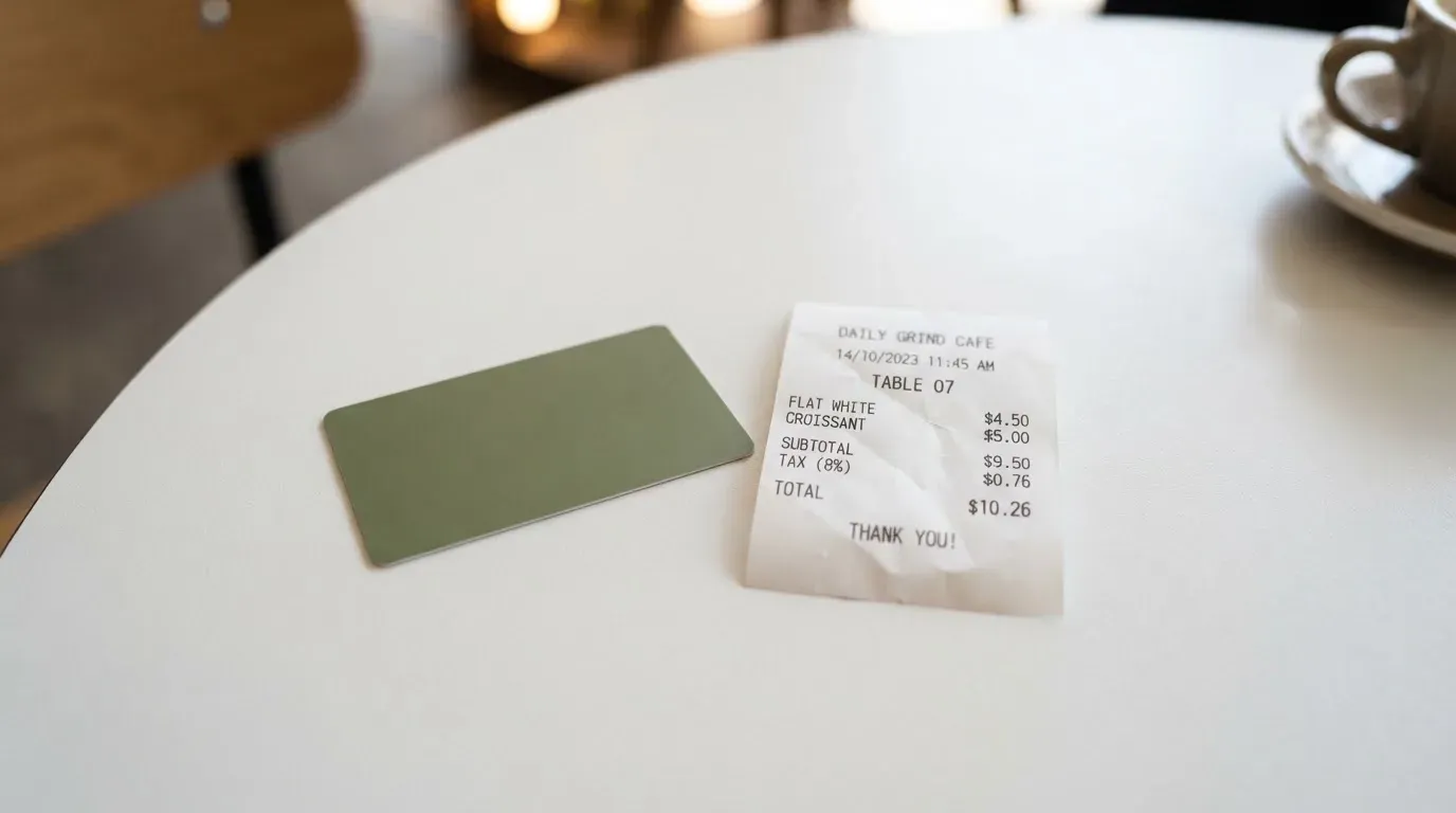 A receipt and a card on a café table