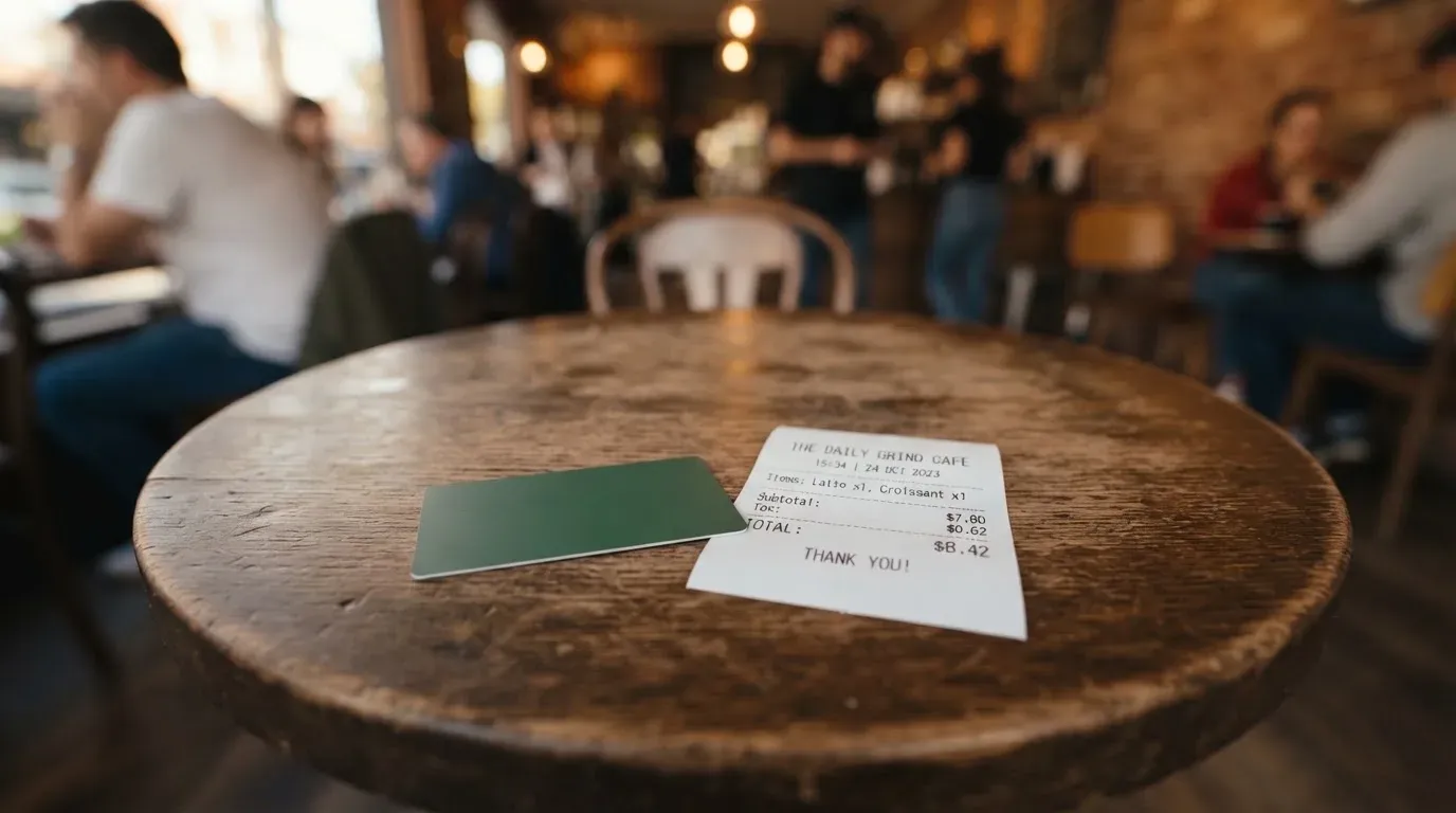 A receipt and a card on a café table