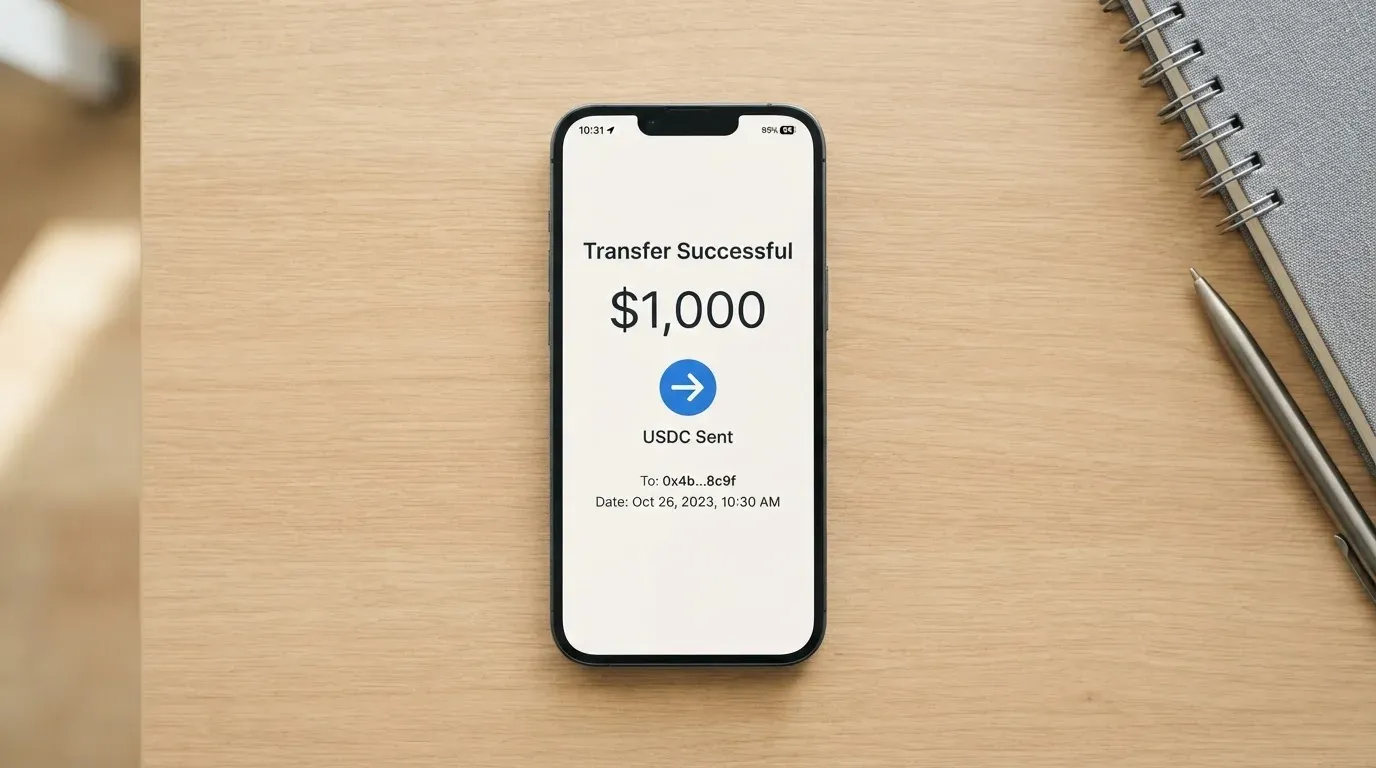 A phone showing a stablecoin transfer screen
