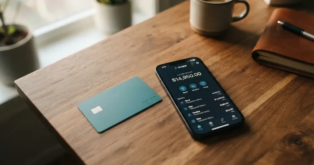 A payment card next to a phone with a crypto wallet app open
