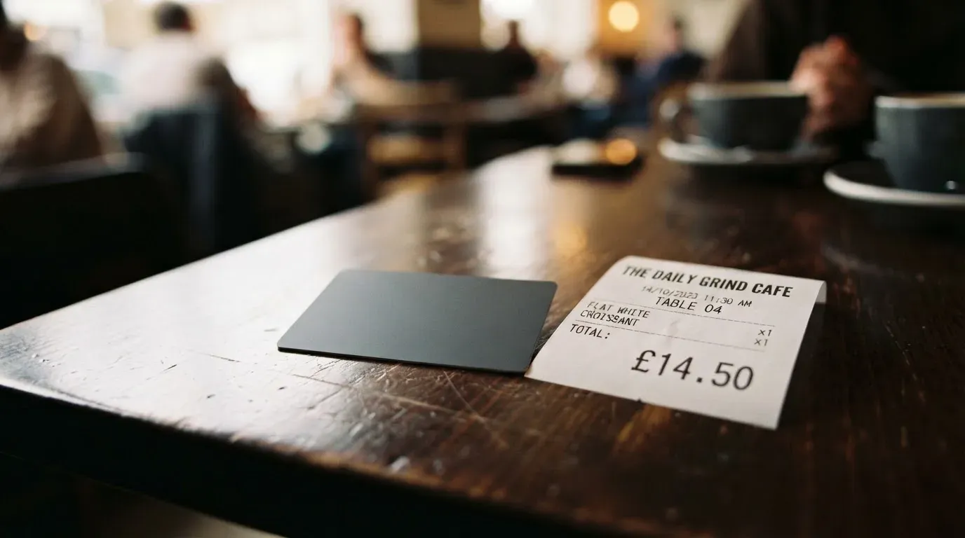 A receipt and a card on a café table