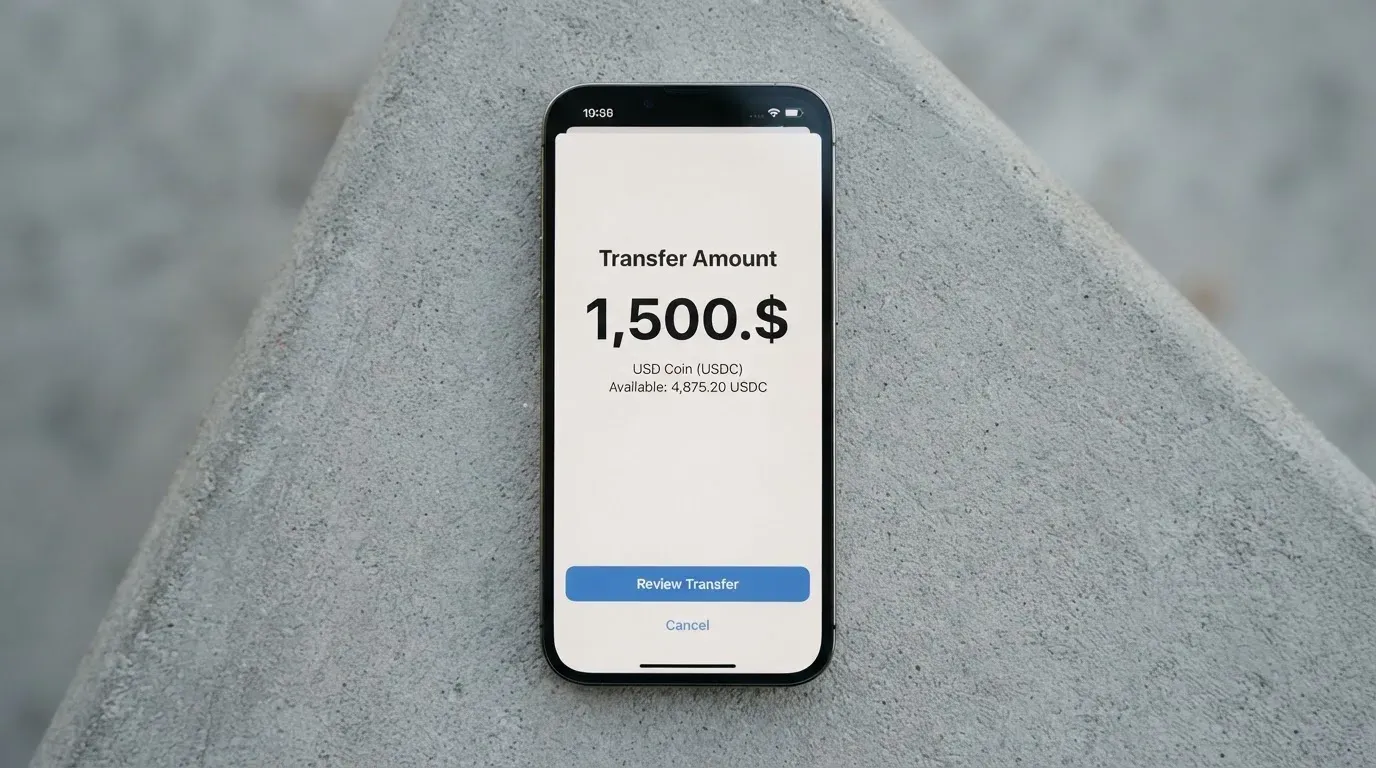 A phone showing a stablecoin transfer screen