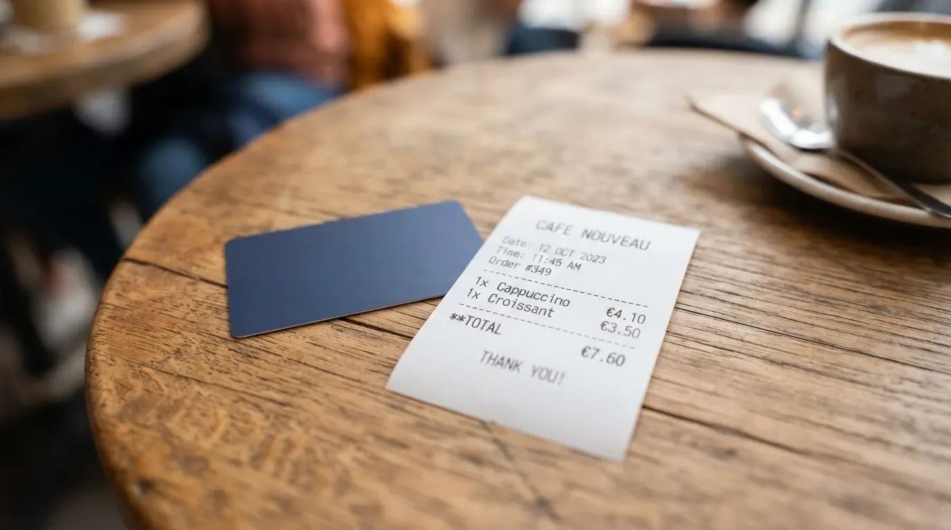 A receipt and a card on a café table