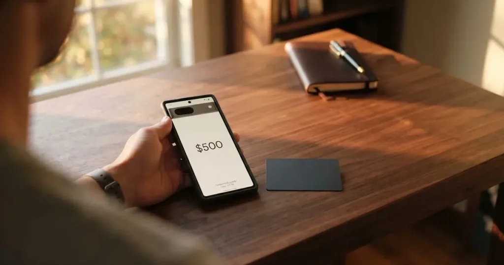 A payment card next to a phone with a crypto wallet app open