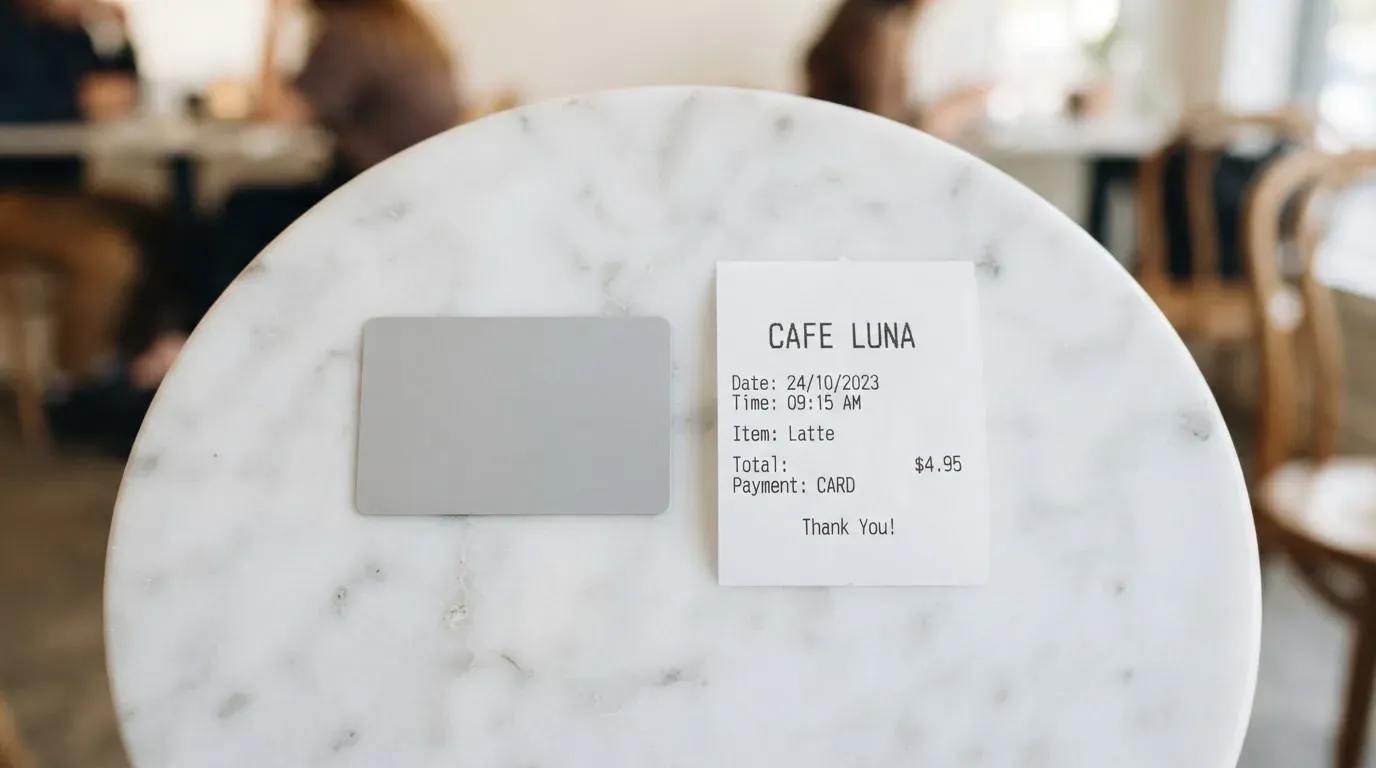 A receipt and a card on a café table