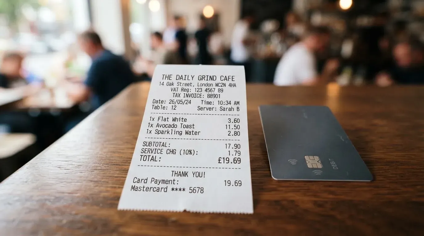 A receipt and a card on a café table