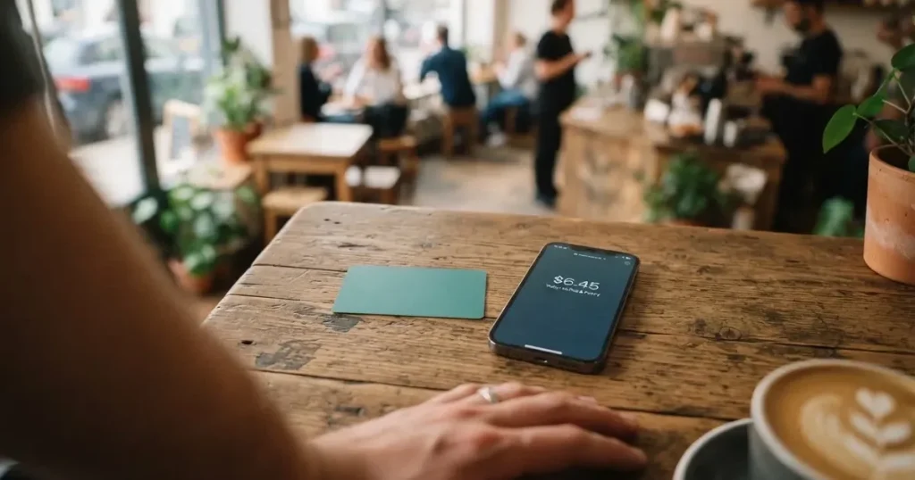 A payment card next to a phone with a crypto wallet app open