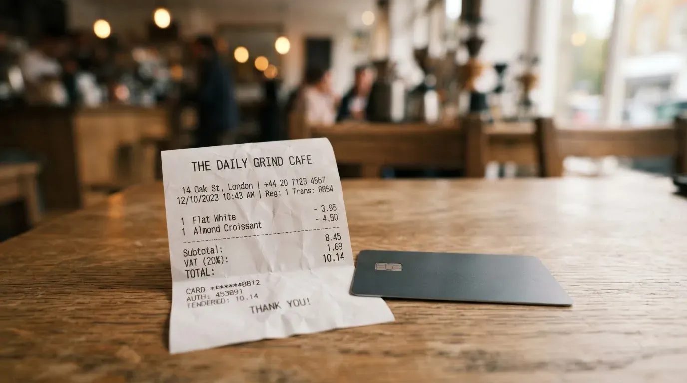 A receipt and a card on a café table