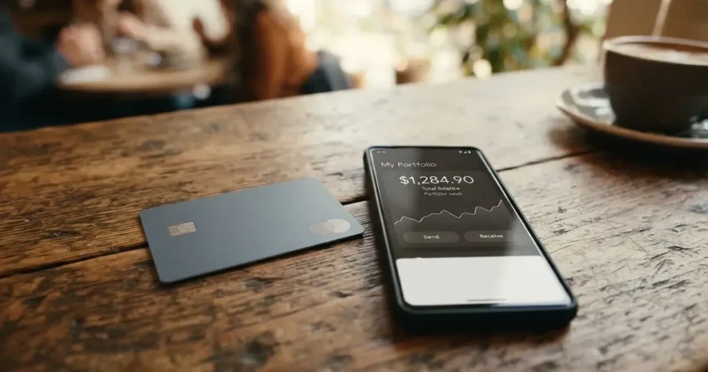 A payment card next to a phone with a crypto wallet app open