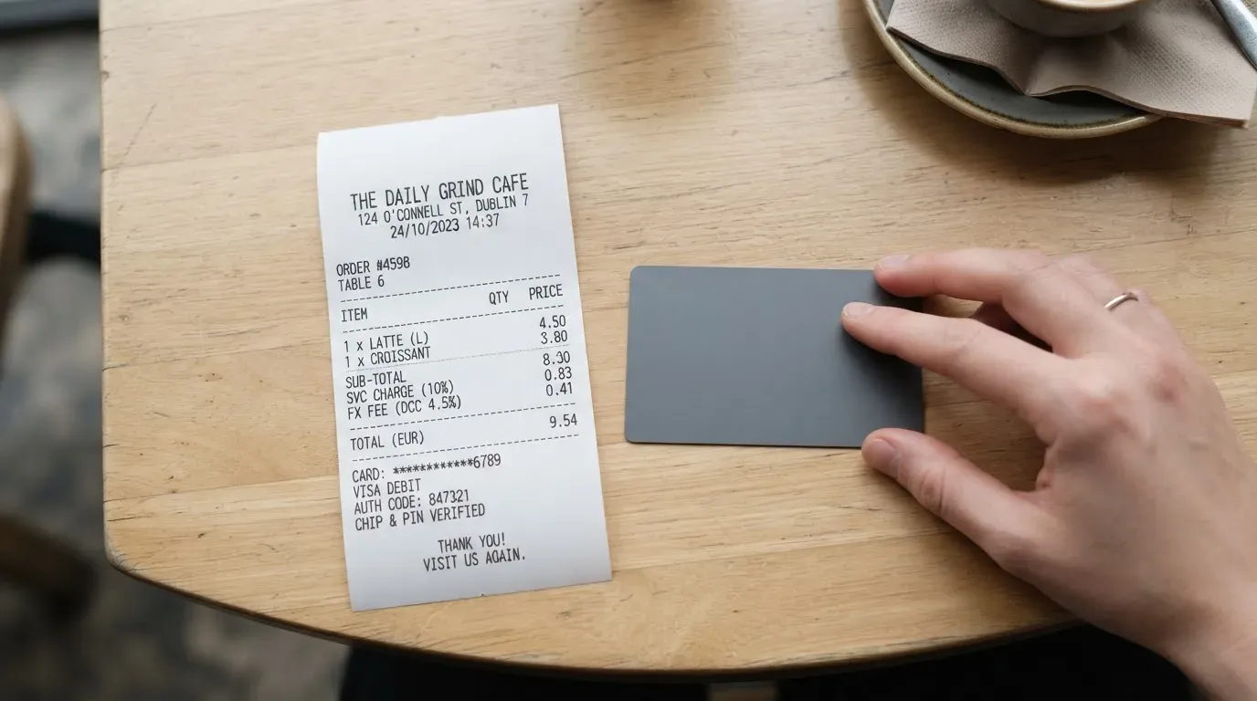 A receipt and a card on a café table