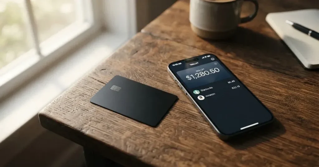A payment card next to a phone with a crypto wallet app open