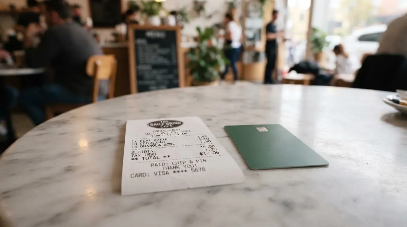 A receipt and a card on a café table