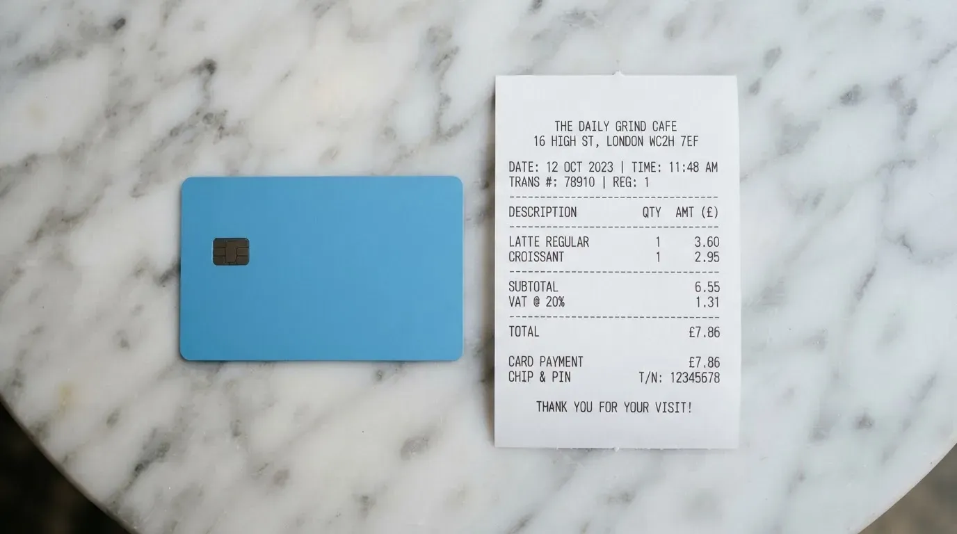 A receipt and a card on a café table