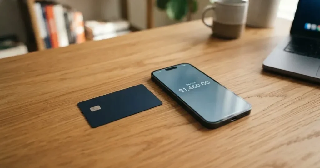 A payment card next to a phone with a crypto wallet app open