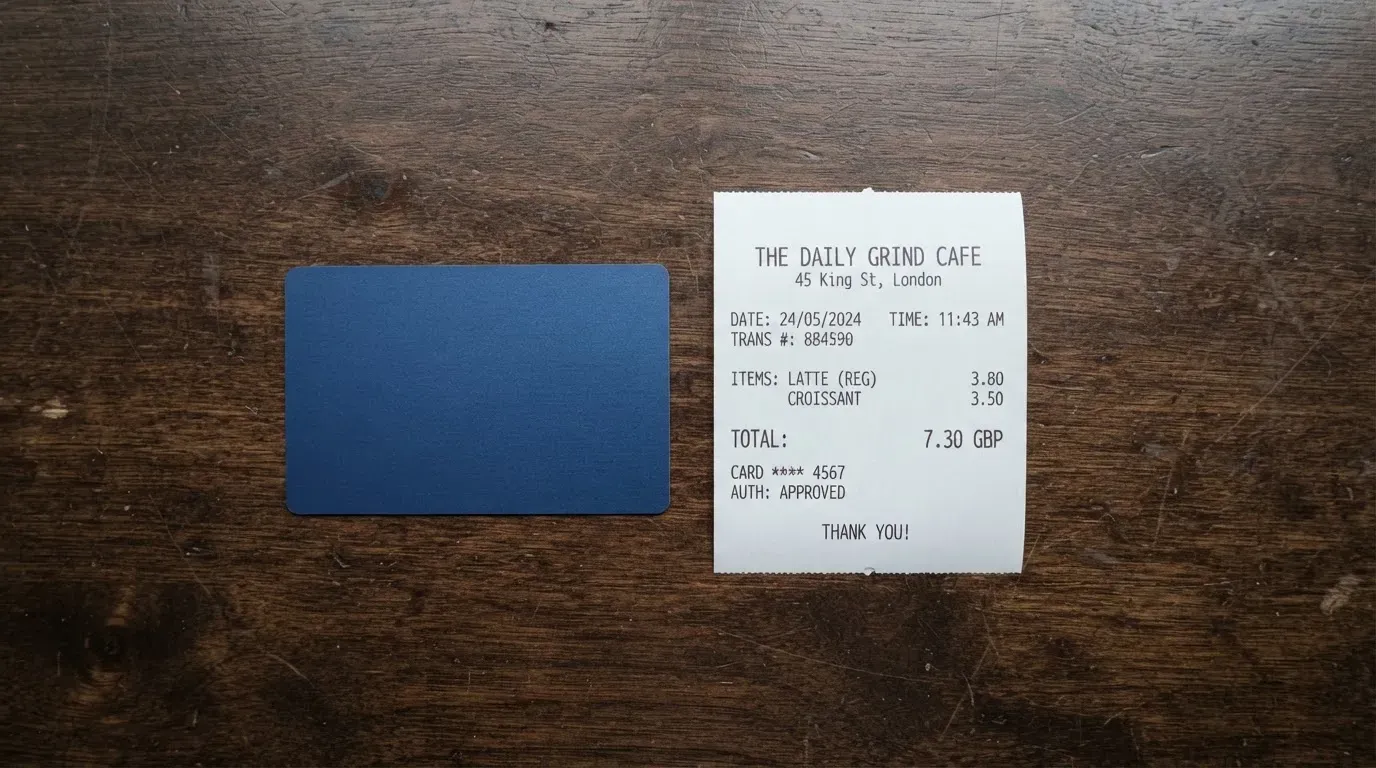 A receipt and a card on a café table