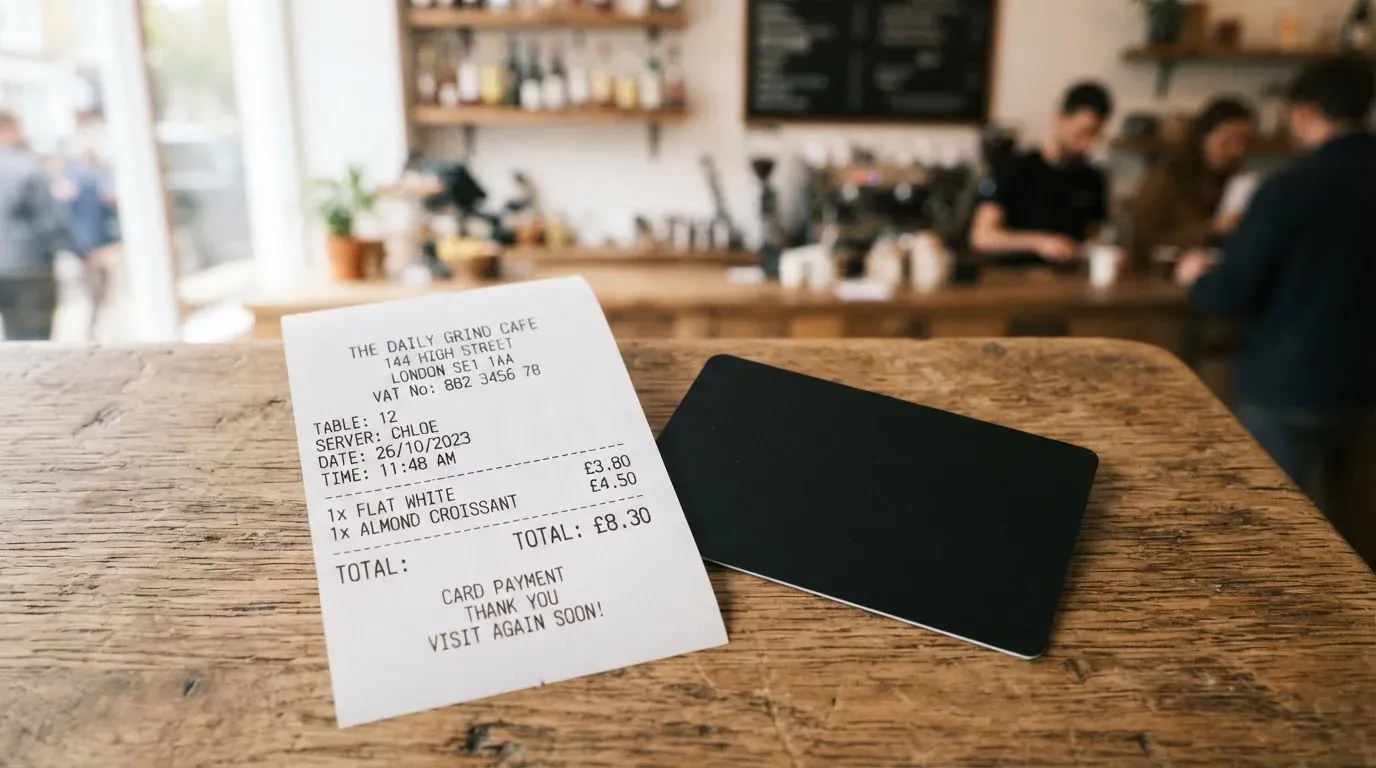 A receipt and a card on a café table