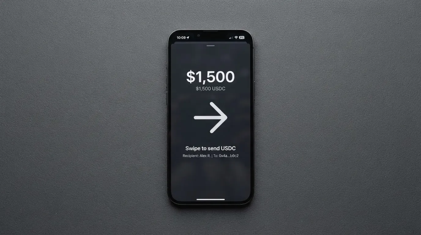 A phone showing a stablecoin transfer screen