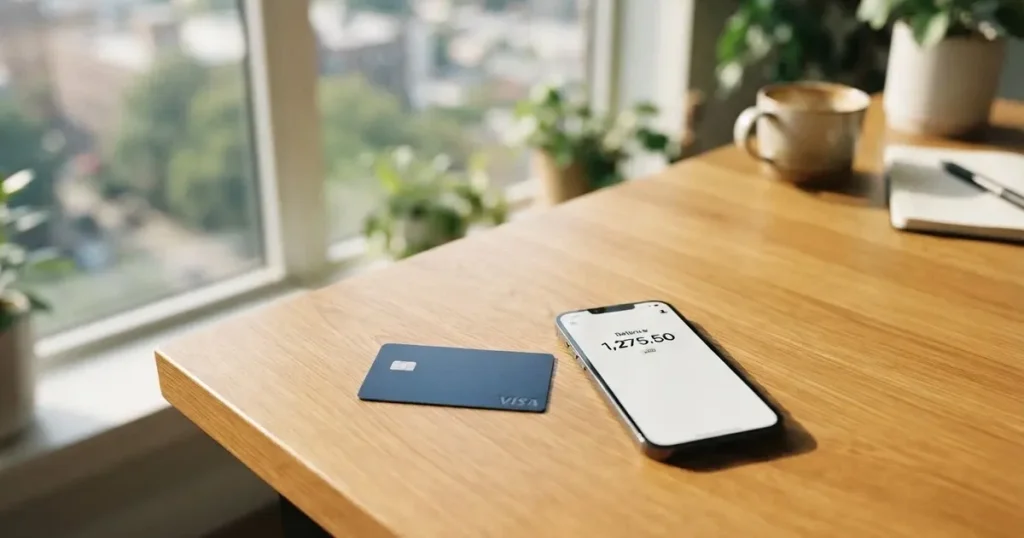 A payment card next to a phone with a crypto wallet app open
