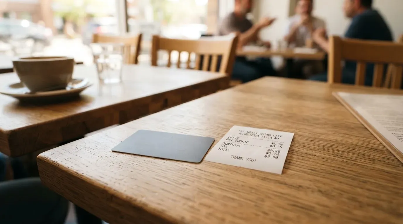 A receipt and a card on a café table